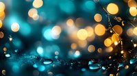 Magical bokeh lights in turquoise and gold create dreamy atmosphere with water drops reflecting glowing orbs on dark surface, abstract background for festive designs.