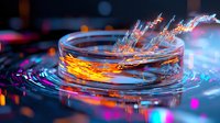 Glowing liquid splashes in glass petri dish with vibrant neon lights creating dynamic abstract composition against dark background, macro photography for scientific visualization.