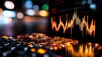 Stock market trading concept with cryptocurrency coins on keyboard and glowing financial chart on dark background for business and investment use.