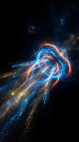 Glowing blue and orange energy vortex with swirling light trails and particle effects against dark space background. Suitable for sci-fi, technology, and abstract design projects.