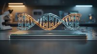 DNA double helix hologram glowing with orange and blue neon lights on laboratory table, scientific research and biotechnology concept for genetics, molecular biology, and medical innovation.