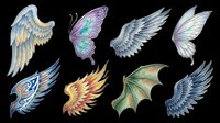 Watercolor wings collection featuring angel wings, butterfly wings, fairy wings, and dragon wings in blue, purple, gold, and green tones, isolated on transparent background ready for t-shirt design, clipart, stickers, sublimation, and print-on-demand projects.