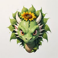 Green dragon head with sunflower crown and horns on isolated background. Fantasy creature portrait with bright eyes and leafy mane for gaming art and character design.