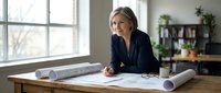 Professional blonde Caucasian female architect reviewing blueprints at wooden desk in modern office with natural lighting and plants in background.
