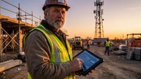 Mature male construction worker wearing hard hat and high-visibility vest holding digital tablet at industrial building site during sunset with tower and equipment visible.