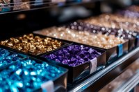 Colorful assortment of luxury jewelry displayed in retail showcase boxes, featuring sparkling gems and accessories in blue, purple, and gold tones. Professional jewelry store presentation.