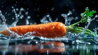 Fresh carrot with green leaves splashing in clear water against dark background, water drops and dynamic motion creating dramatic food photography effect.