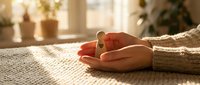 Gentle hands in cream sweater holding small wooden heart in warm sunlight streaming through window creating peaceful morning meditation moment.