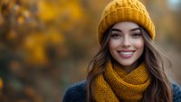 Young Caucasian woman with bright smile wearing yellow knit beanie and scarf against autumn background with bokeh effect, displaying genuine happiness and seasonal fashion.