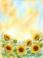 Watercolor sunflowers border with blue wildflowers on warm golden sky background, copy space for text, greeting card or poster design.