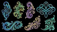 Ornamental flourish swirls and scrolls in blue, green, purple, and gold tones isolated on transparent background. Ready for clipart, t-shirt design, stickers, sublimation, and print-on-demand projects.