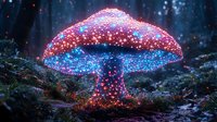 Magical glowing mushroom in dark forest with sparkling light particles and bioluminescent effects creating mystical night atmosphere in enchanted woodland setting.