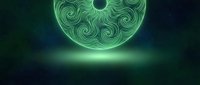 Glowing neon green ornamental mandala with intricate spiral patterns floating above dark mystical background, suitable for meditation, spirituality, and digital design projects.