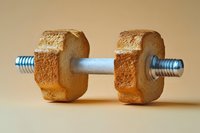 Creative dumbbell made from bread slices and metal bar on beige background, conceptual fitness and diet composition for healthy lifestyle.