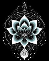 Mystical lotus mandala in white and turquoise on black background with ornate dotted patterns and sacred geometry elements. Isolated design for spiritual artwork.