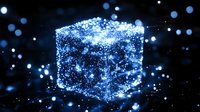 Glowing blue cube surrounded by magical sparkles and bokeh lights against dark background creates mystical atmosphere for fantasy designs.