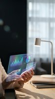 Businesswoman analyzing financial data on transparent holographic tablet with charts and graphs in modern office workspace for digital analytics presentation.