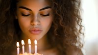 Young mixed-race woman with curly hair making wish blowing out birthday candles in warm golden light for celebration and special moments.