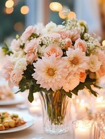 Elegant floral centerpiece with blush pink roses and dahlias in crystal vase, surrounded by soft candlelight and bokeh effects on romantic dining table setting.
