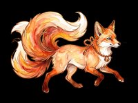 Watercolor fox with a flowing fiery tail and decorative collar, isolated on transparent background. Great for stickers, t-shirt design, print on demand, and clipart.