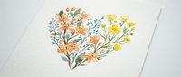 Watercolor floral heart with orange and yellow wildflowers on textured paper, romantic botanical illustration for wedding invitations and greeting cards.