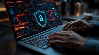 Glowing shield icon on laptop screen with typing hands in dark environment showcasing cybersecurity and digital protection concept for technology background.