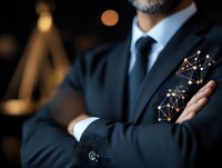 Middle-aged businessman in dark suit holding glowing network connection symbols, representing digital transformation and business technology leadership.