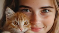 Young woman with gentle smile holding ginger cat close to face, tender moment between pet owner and feline friend showing emotional connection and companionship.