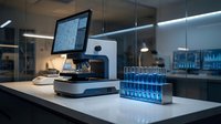 Modern laboratory microscope with computer monitor and test tubes for scientific research and medical analysis in professional lab setting.