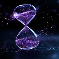 Magical hourglass with glowing purple particles flowing inside against dark background, sparkling effect creates mystical atmosphere. Concept of time and infinity.