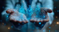 Glowing blue holographic figures emerging from open palms against dark background with magical particle effects, representing digital transformation and future technology.