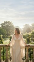 Young woman in flowing white dress standing on ornate balcony overlooking lush garden at golden hour sunset with dreamy soft lighting for wellness lifestyle content.