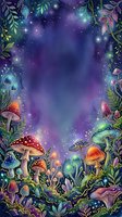 Enchanted forest frame with glowing mushrooms, magical plants, and starry night sky background, perfect for fantasy designs, children's illustrations, and mystical themed projects.