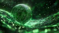 Glowing green digital sphere floating above dynamic wave of binary data streams in dark space with particles and bokeh effects. Futuristic technology concept.