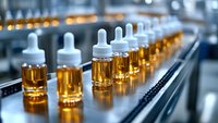 Glass dropper bottles with amber liquid on automated production line, pharmaceutical manufacturing process showing quality control in modern facility.
