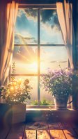 Sunlit window view with potted flowers on wooden windowsill, flowing curtains frame dramatic sunset sky and clouds, creating peaceful home atmosphere.