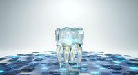 Transparent elephant figurine with glowing core surrounded by floating digital data nodes and blue light particles on reflective surface.
