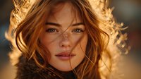 Young blonde woman with freckles in golden sunlight, natural beauty portrait with warm lighting and flowing hair for lifestyle and wellness content.