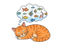 Orange tabby cat dreaming of fish, isolated on white background. Sleeping feline with thought bubble containing colorful fish. Suitable for pet supplies, greeting cards, children's books, and humorous animal designs.