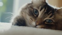 Close up portrait of relaxed ragdoll cat with blue eyes lying on soft white surface, looking directly at camera with gentle expression and dreamy gaze.