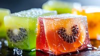 Frozen fruit cubes with kiwi and citrus slices encased in clear ice blocks, refreshing summer drink ingredients for cocktails and beverages.