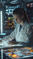 Young female scientist in white lab coat working with futuristic holographic interface in modern research laboratory with neon lighting and digital displays.