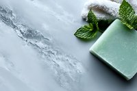 Natural mint soap bar with fresh green leaves on marble surface for organic skincare and spa treatments.