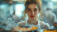 Young female chef in white uniform holding steaming pan in professional kitchen, soft lighting creates atmospheric mood with bokeh background effect.