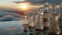 Transparent glass chess pieces arranged on board against dramatic sunset sky with clouds, creating strategic business concept.