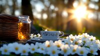 Magical evening scene with glowing mason jar lantern, porcelain teacup and fresh white daisies in garden setting against golden sunset light and bokeh background.