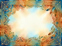 Ornate decorative border frame with intricate floral and geometric patterns in warm gold, blue, and orange tones surrounding a light cream center space, suitable for invitations and design backgrounds.