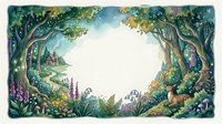 Enchanted forest frame with lush trees, flowers and mystical landscape creating natural border for text or design elements on white background.