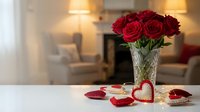 Red roses in crystal vase with heart decorations on white table in elegant living room interior for romantic celebration and love concept.
