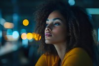 Young African American woman with curly hair in yellow top looking thoughtfully at city lights during evening hours with bokeh background.